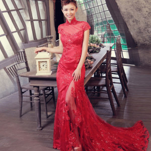 exquisite red lace wedding dress