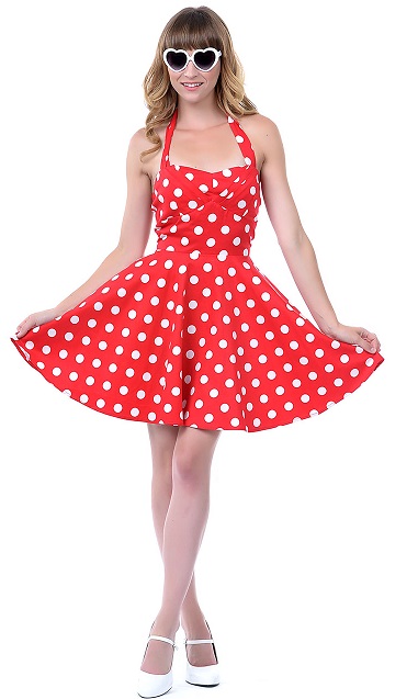 red dress with white polka dots